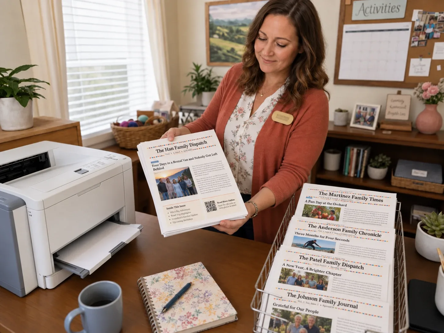 An activity director lifting a stack of freshly printed family newsletters from the office printer, each one for a different resident