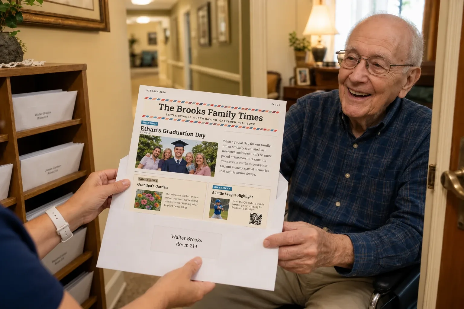 A staff member handing a resident his mailed newsletter, in an envelope addressed to him by name and room number