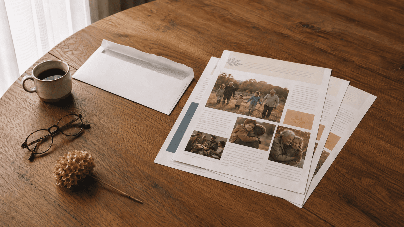 This month's printed GrandMailers family newsletter laid out on a table with coffee and reading glasses