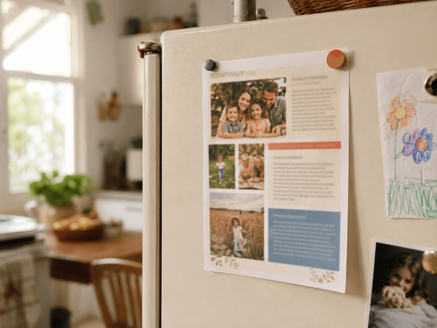 A page of the family newsletter held to a sunny kitchen fridge beside a child's drawing