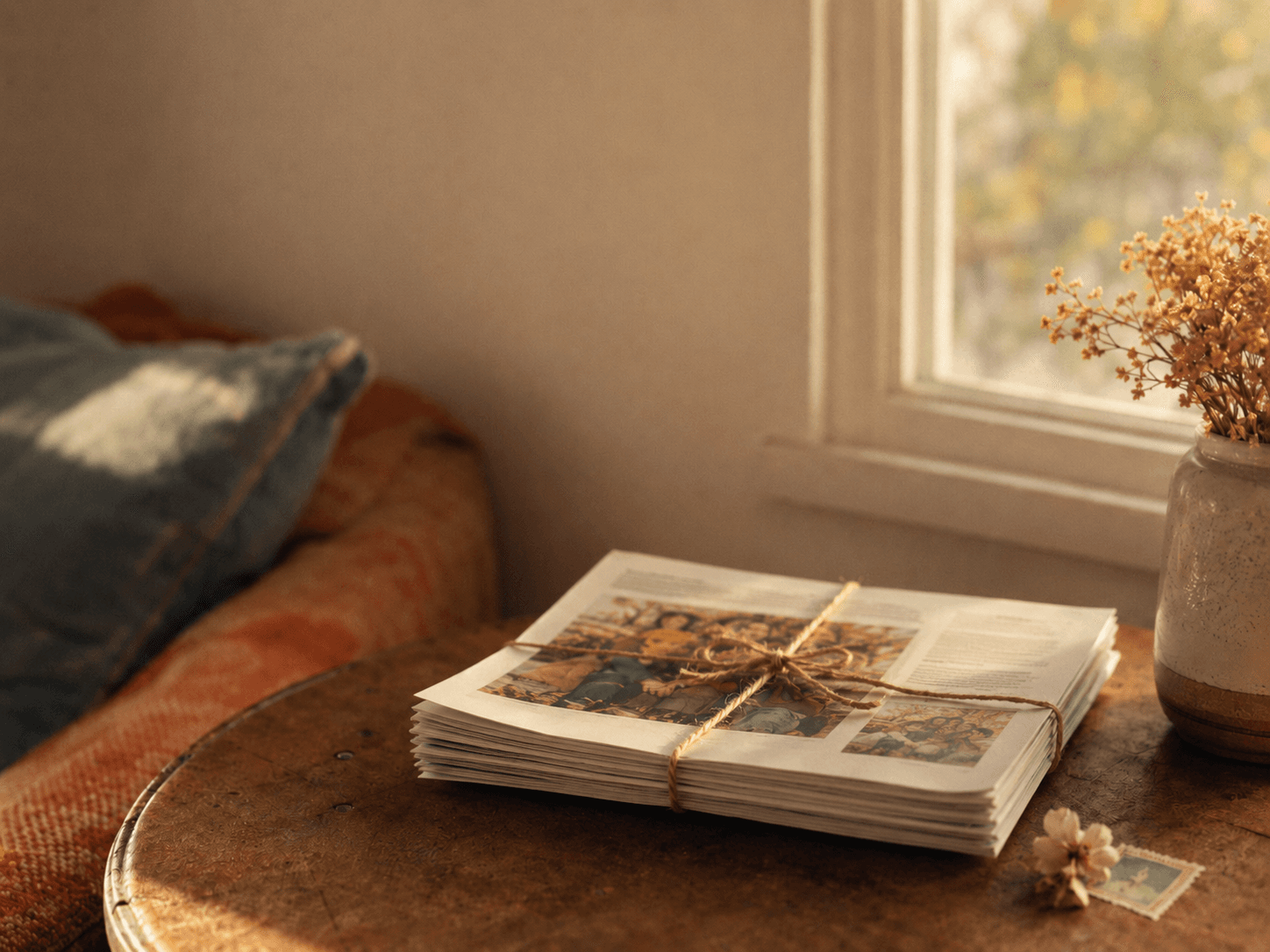 A stack of past printed newsletter issues tied with twine on a side table by a window