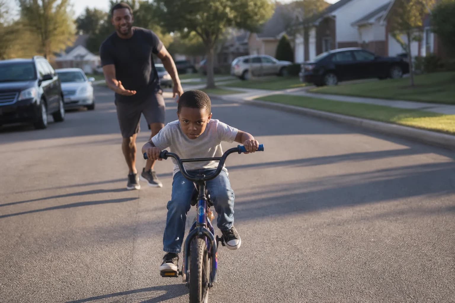 A boy riding a bike without training wheels down a suburban street, his dad jogging a few steps behind
