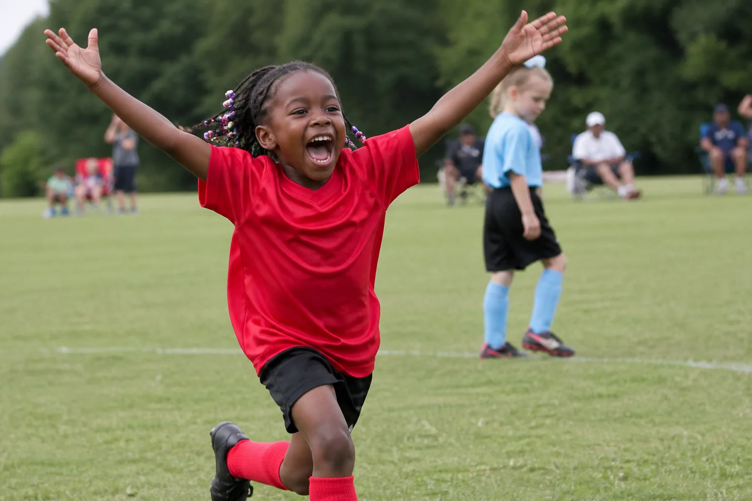 A girl in a red soccer kit running across the pitch with both arms up, shouting, having just scored