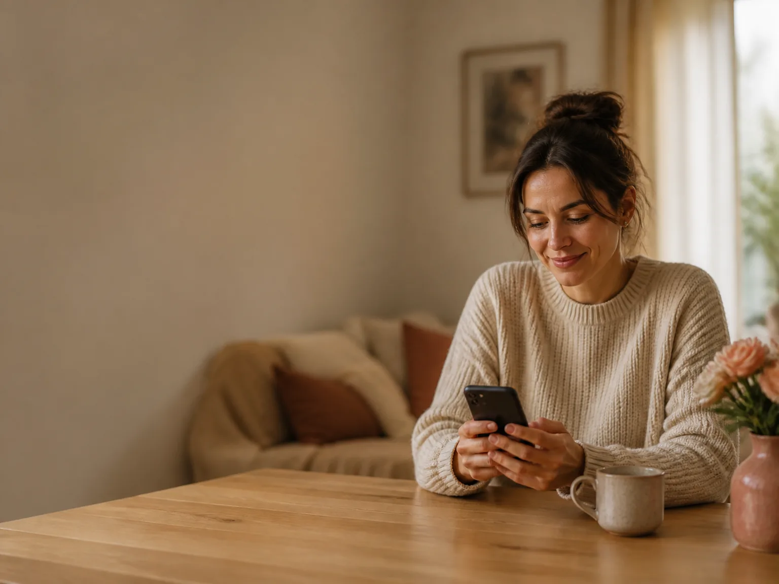 A mom on her couch, smiling as she adds a story to the family newsletter from her phone